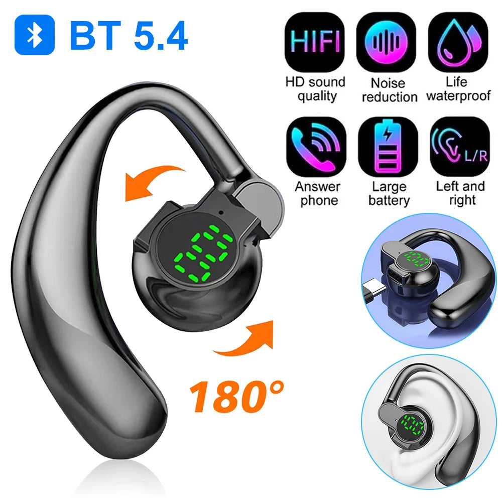 Bluetooth 5.4 Wireless Headset, Long Battery Life Hanging Ears,Start Noise Reduction Digital Display Sports Sleep Music Earring